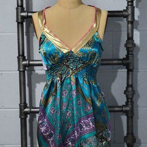 Silky satin teal top with gold embellishments, sleeveless, high waist